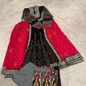 Pleated Salwar Kameez Red 3 Piece Set